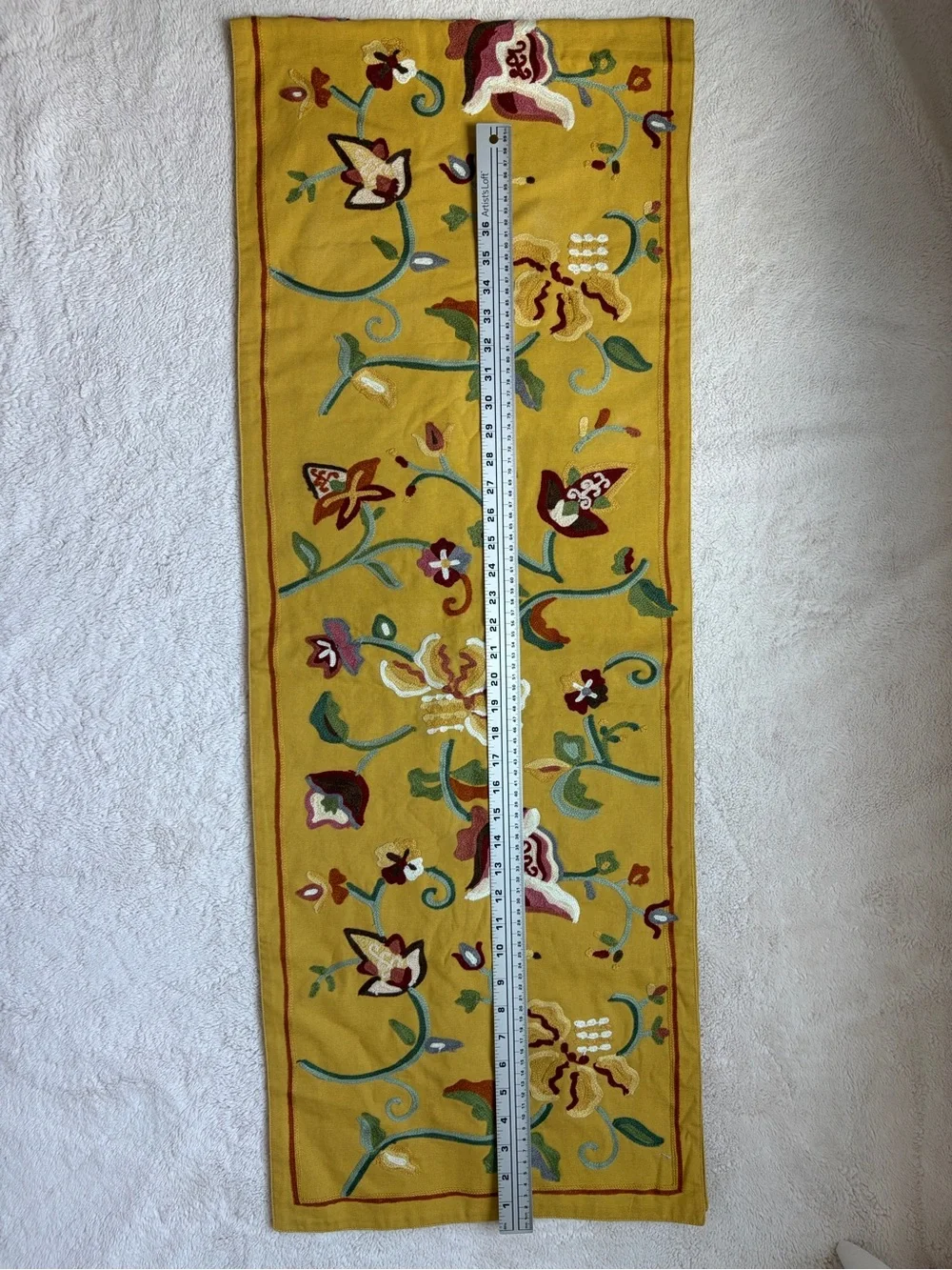 Vintage Williams Sonoma Mustard Yellow Floral Embroidered Table Runner